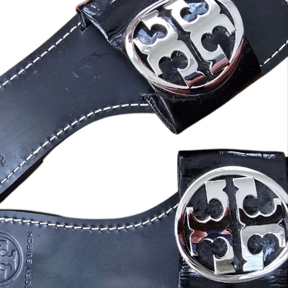 Tory Burch Black Patent Slide Sandals with Silver Logo Medallions